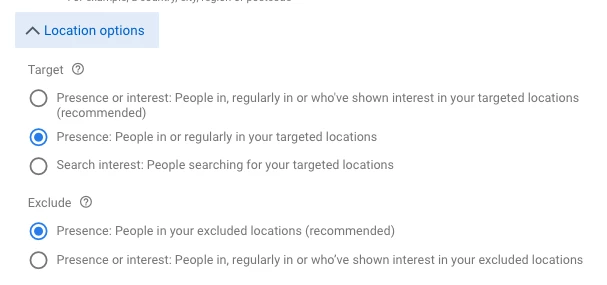 Screenshot of Google Ads campaign location options.