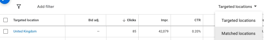 Screenshot of location report, showing where to select matched locations.