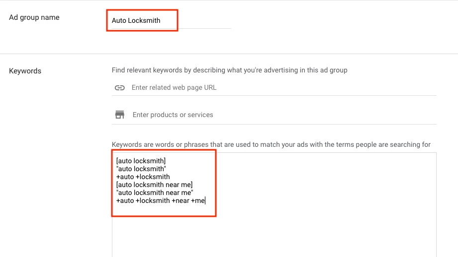 screenshot of ad group