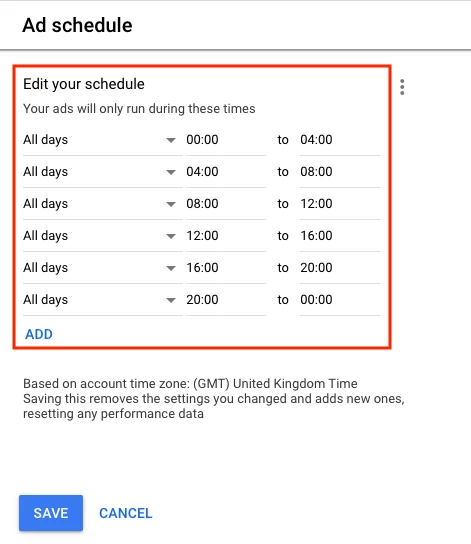 screenshot of ad schedule