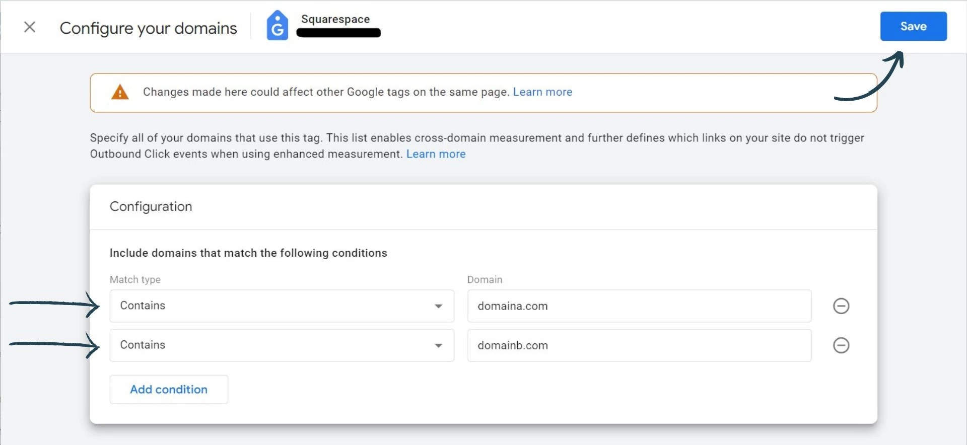 Screenshot of how to setup cross domain tracking