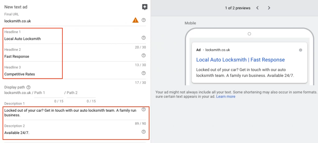 screenshot of ad copy
