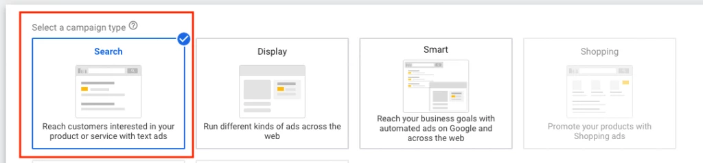 Screenshot of search campaign type