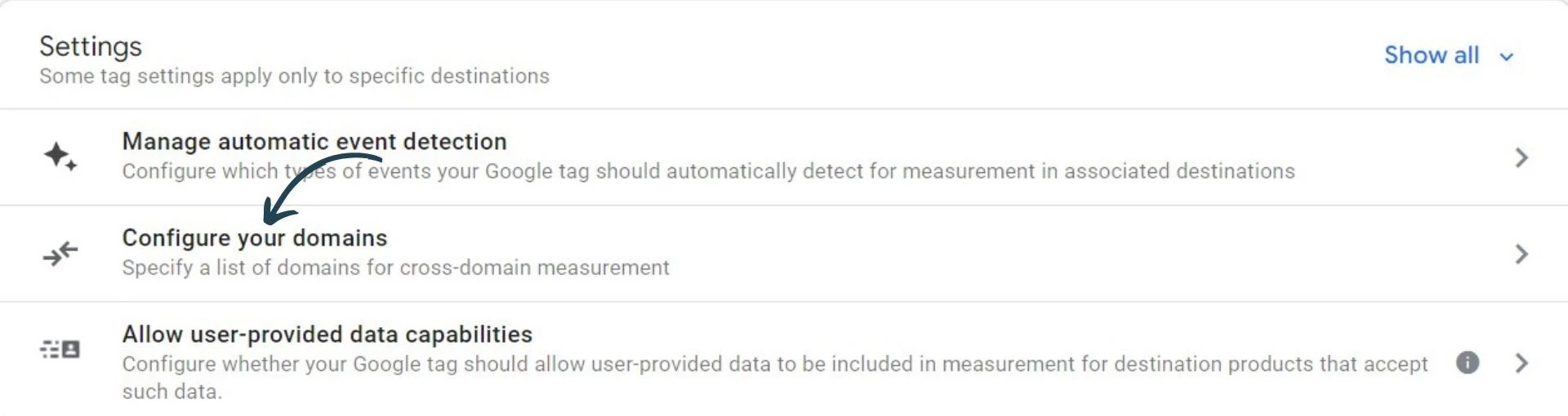 Screenshot of domain settings within GA4