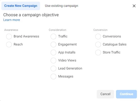 existing Facebook campaign objectives