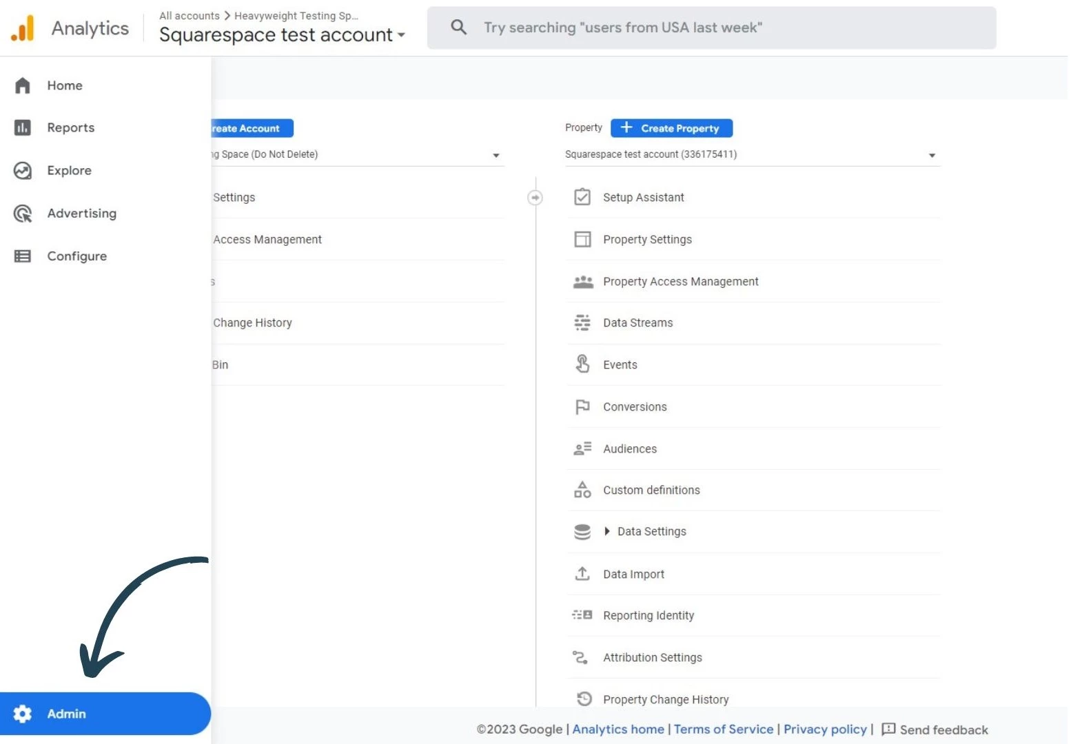 Screenshot of the admin button in GA4