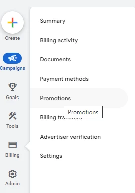 Google Ads Promotions Menu