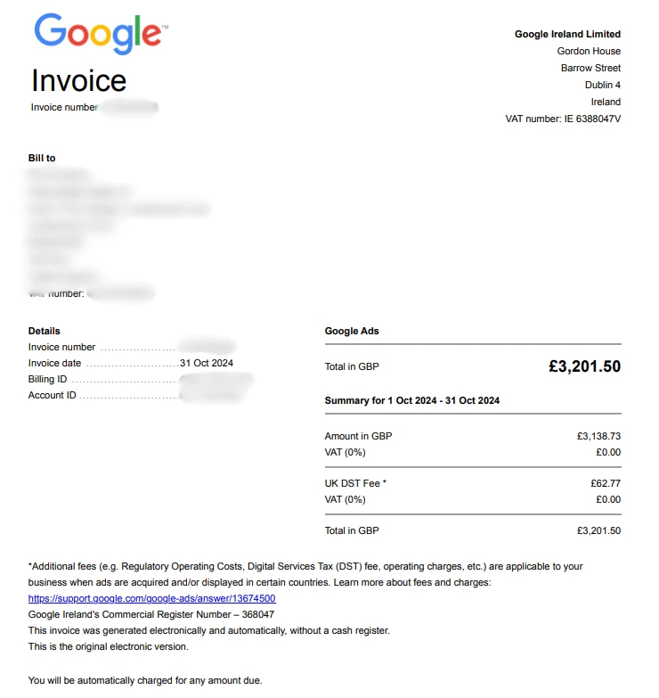 Google Ads VAT Invoice