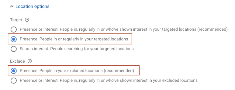 screenshot of location settings
