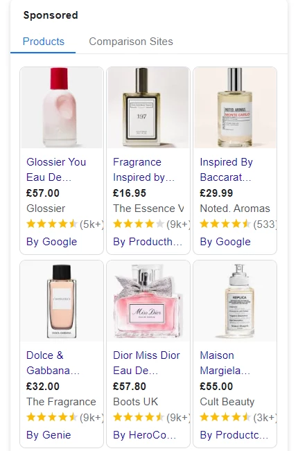 google ads shopping ad example in a carousel format at the top of the search results page